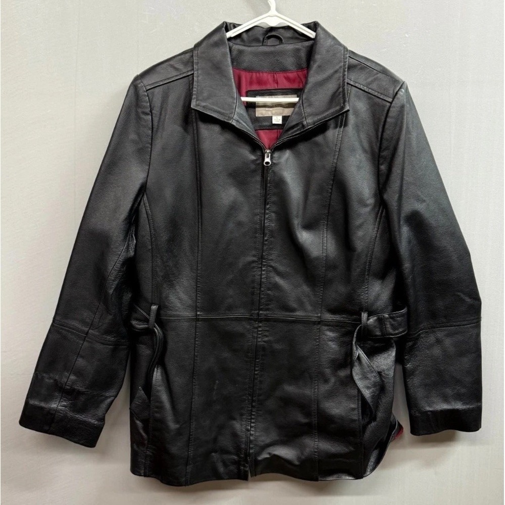 Croft & Barrow Leather Jacket Womens Large Black Pebbled Belted Full Zip Lined
